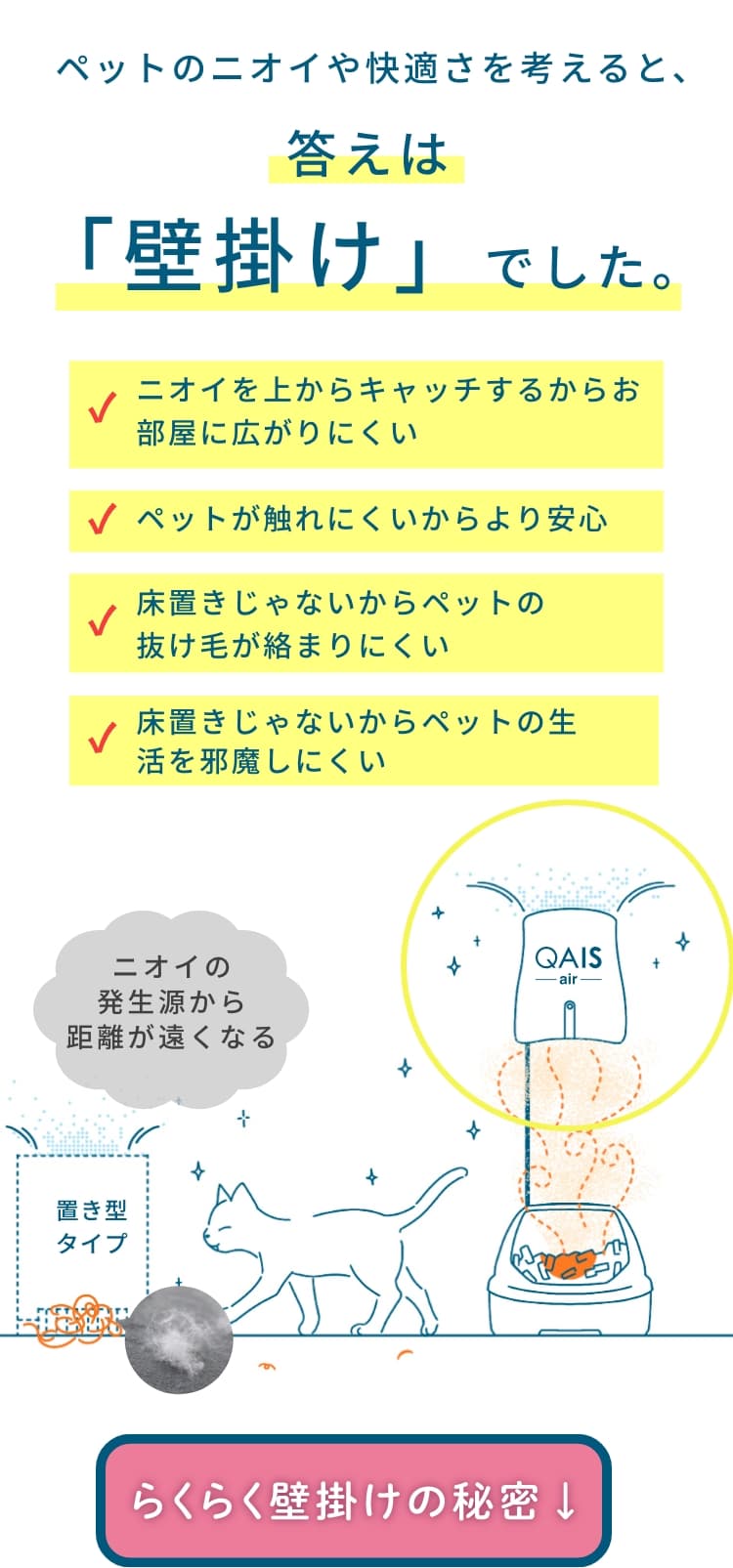 ペットのニオイや快適さを考えると答えは壁掛けでした